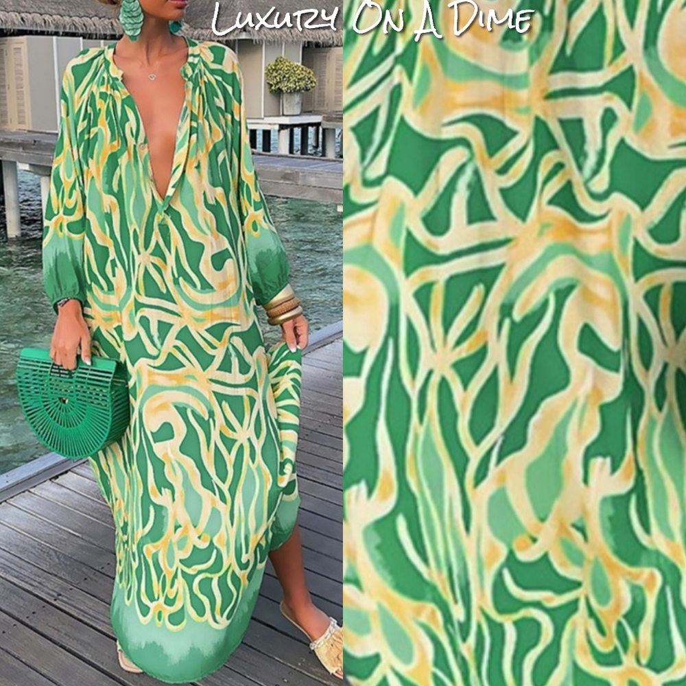 Green Abstract Button Chest Oversized Long Sleeve Dress Lightweight Colorful - Picture 2 of 10